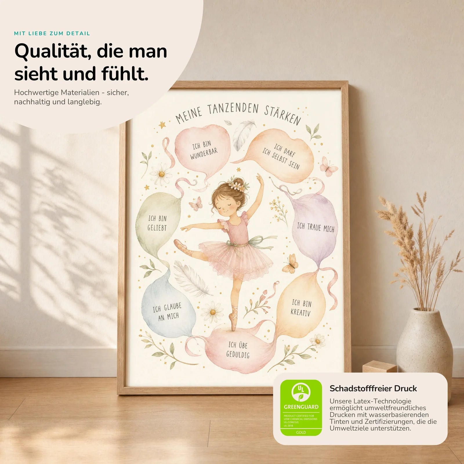 Affirmationsposter Kinderzimmer Tanzende StÀrken, Nahaufnahme der Affirmationen