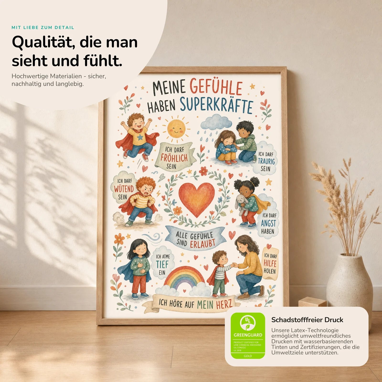 Affirmationsposter Kinderzimmer Wimmelbild Gefühle, Nahaufnahme der Affirmationen