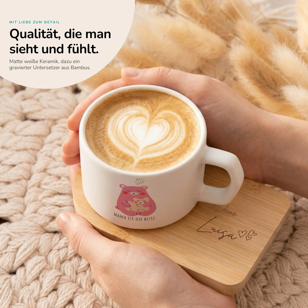 Muttertagsgeschenk Keramikbecher mit Untersetzer â BĂ€r Mama & Kind