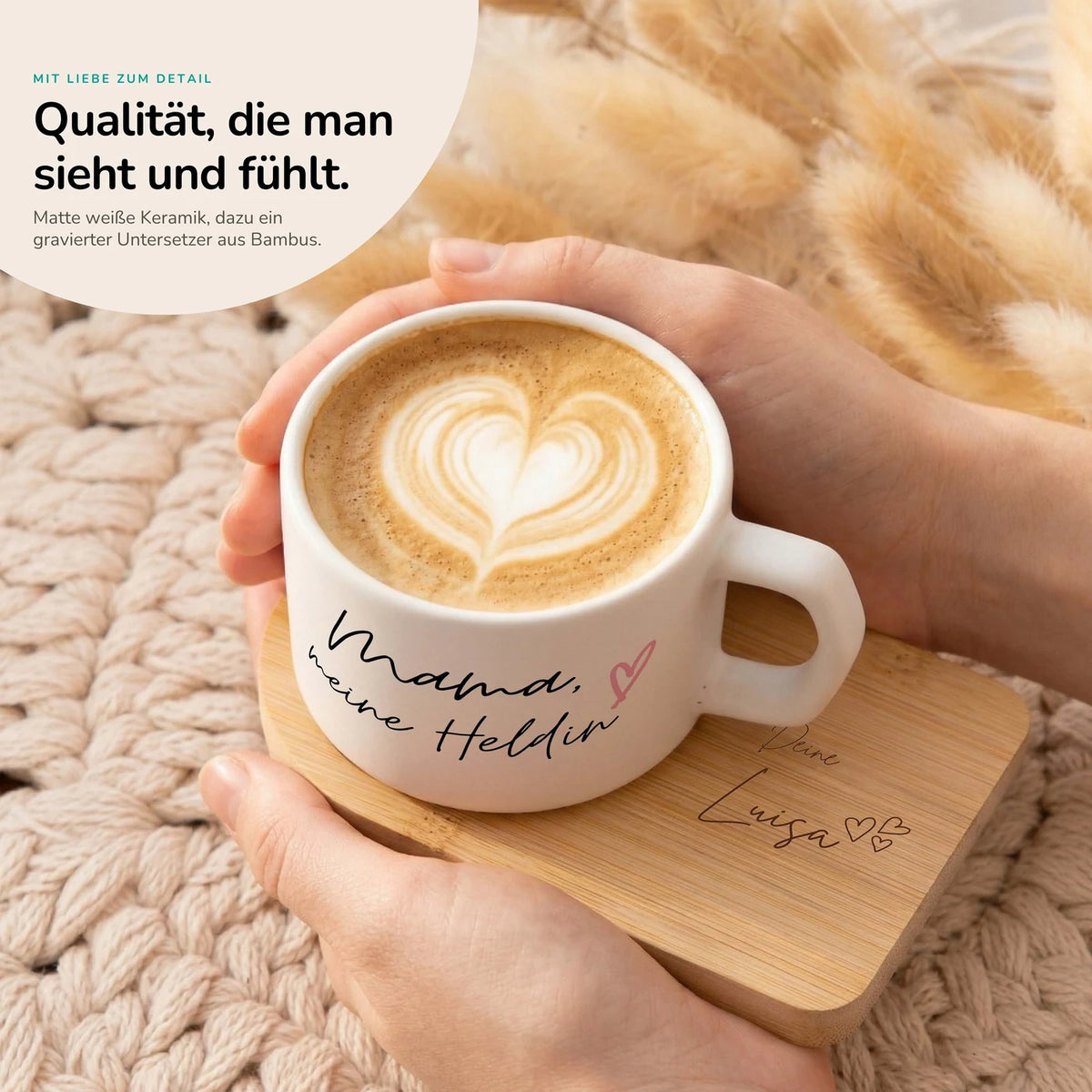 Muttertagsgeschenk Keramikbecher mit Untersetzer – Mama meine Heldin