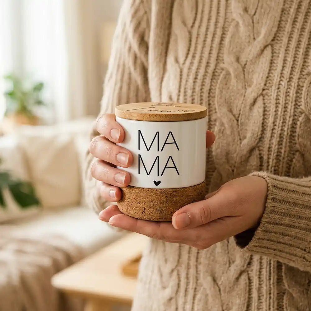 Duftkerze Vanille Keramik Mama Typografie – Kork-Detail Naturmaterial