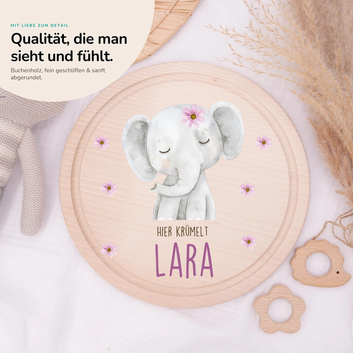Rundes personalisiertes Frühstücksbrettchen Elefant Pünktchen mit Namen für Kinder