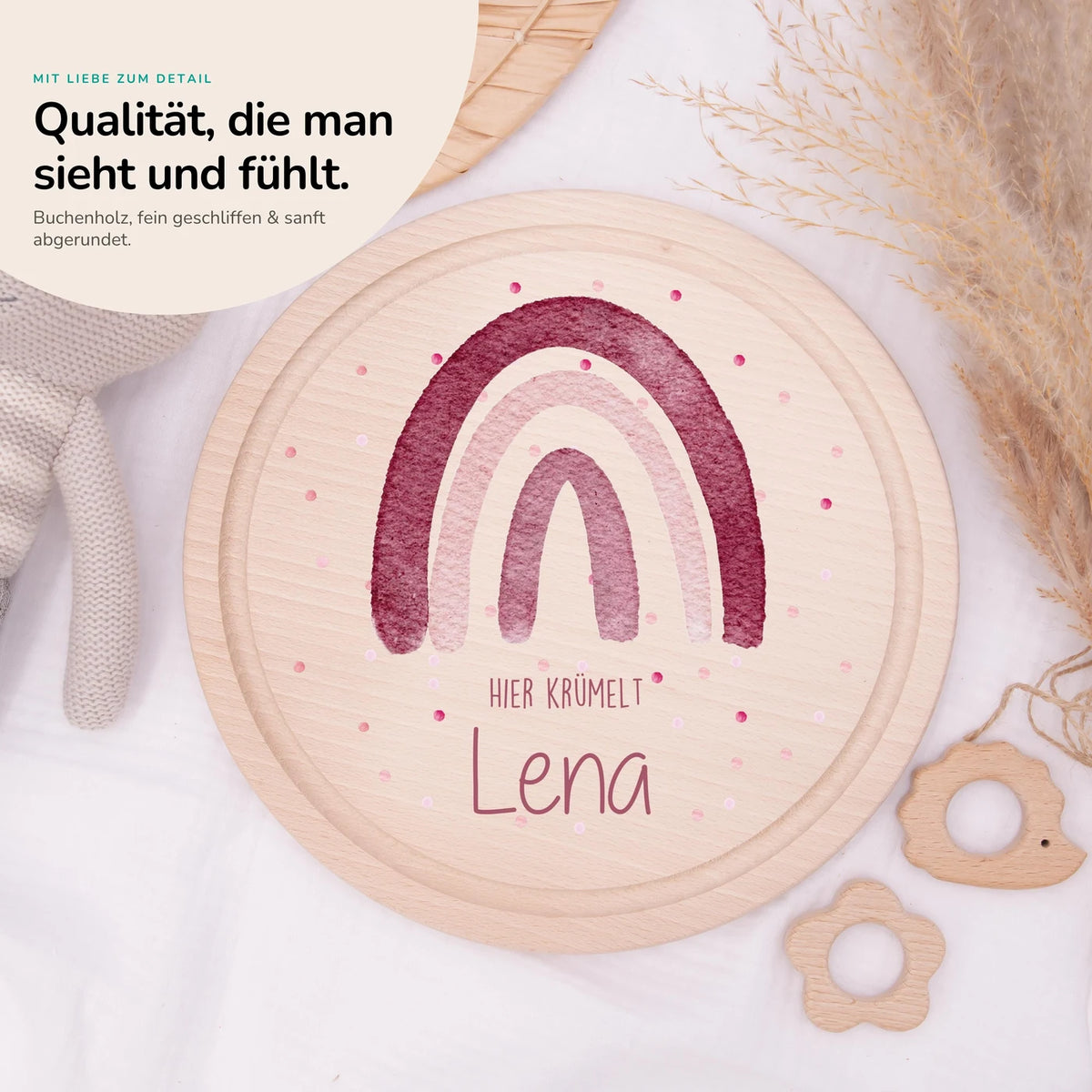 Rundes personalisiertes Frühstücksbrettchen Regenbogen mit Namen für Kinder