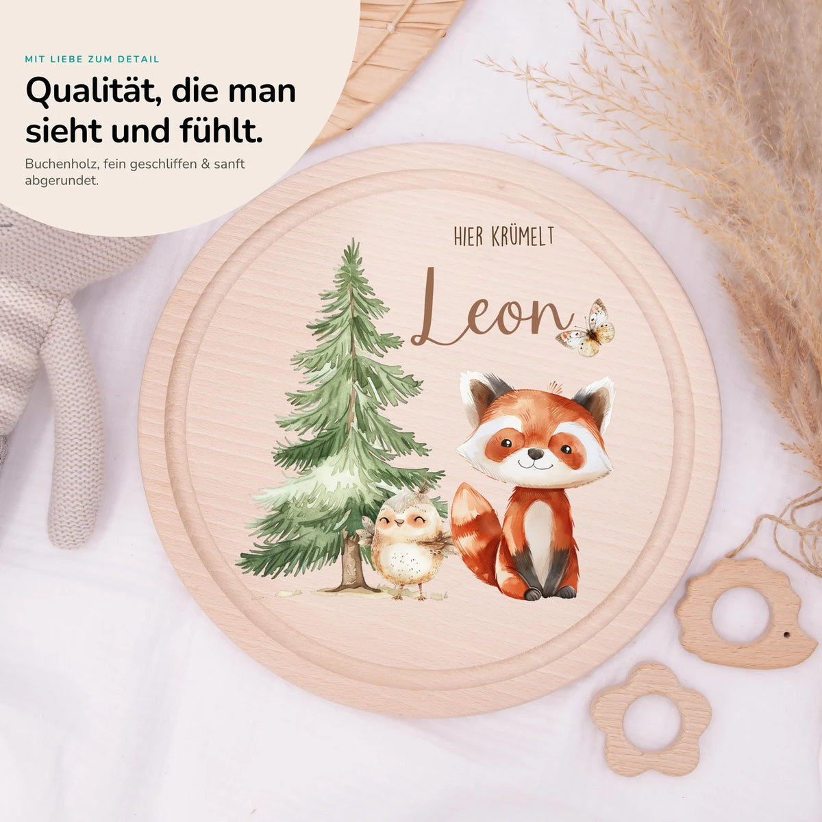 Rundes personalisiertes Frühstücksbrettchen Fuchs mit Namen für Kinder