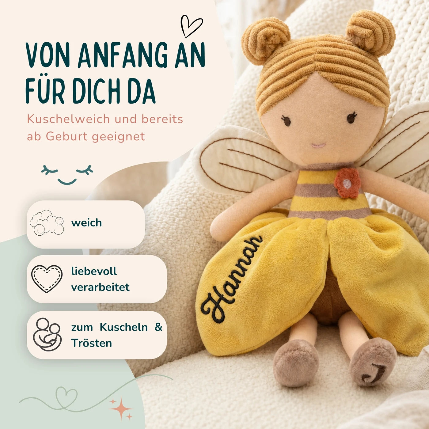 Jollein Stoffpuppe Fee Honig, kuschelweich und bereits ab Geburt geeignet