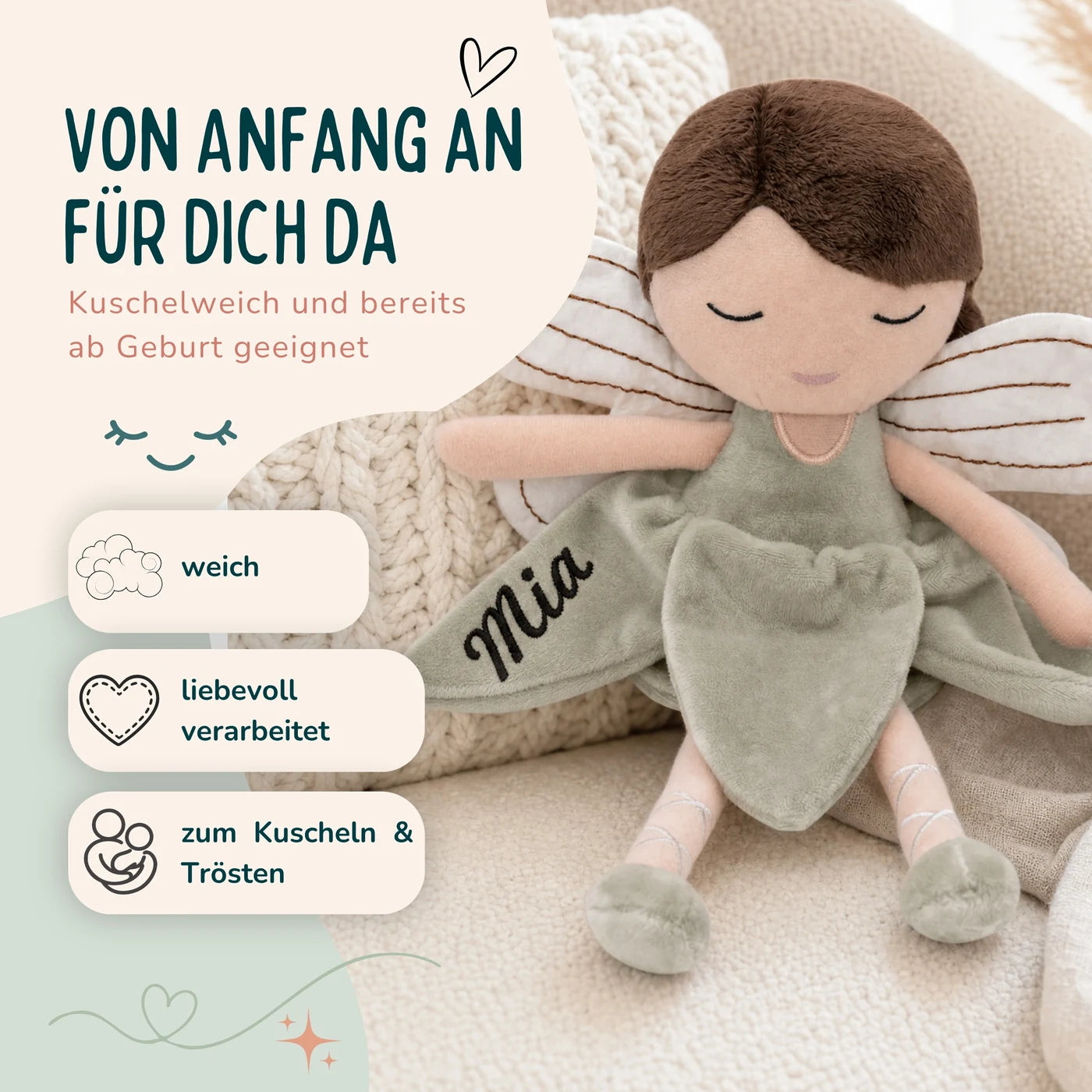 Jollein Stoffpuppe Fee Salbei, kuschelweich und bereits ab Geburt geeignet