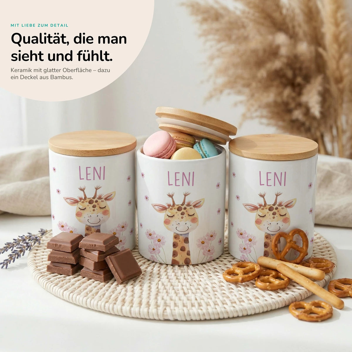 Personalisierte Keksdose Giraffe Blumen â Keramik & Bambus mit Wunschname