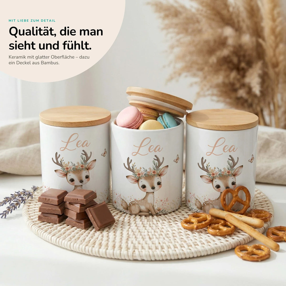 Personalisierte Keksdose Reh Blumenkranz – Keramik & Bambus mit Wunschname