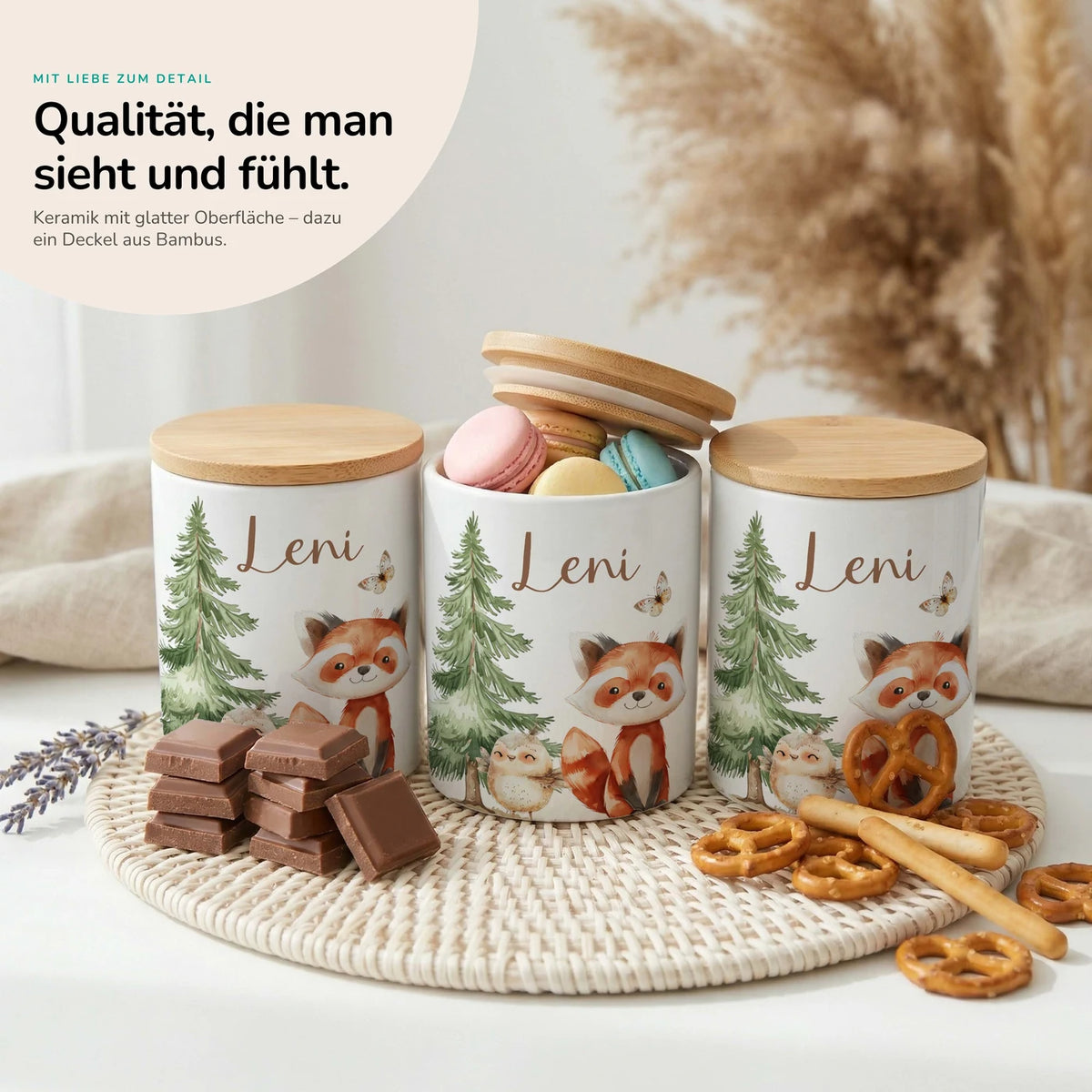 Personalisierte Keksdose Roter Panda & Eule – Keramik & Bambus mit Wunschname