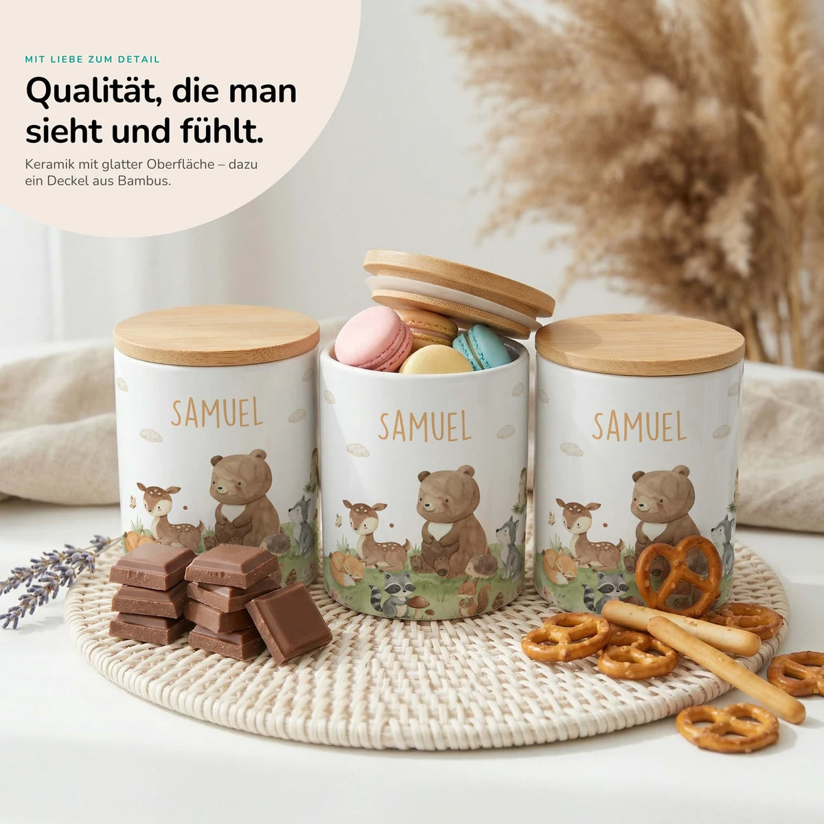 Personalisierte Keksdose Waldfreunde VI – Keramik & Bambus mit Wunschname
