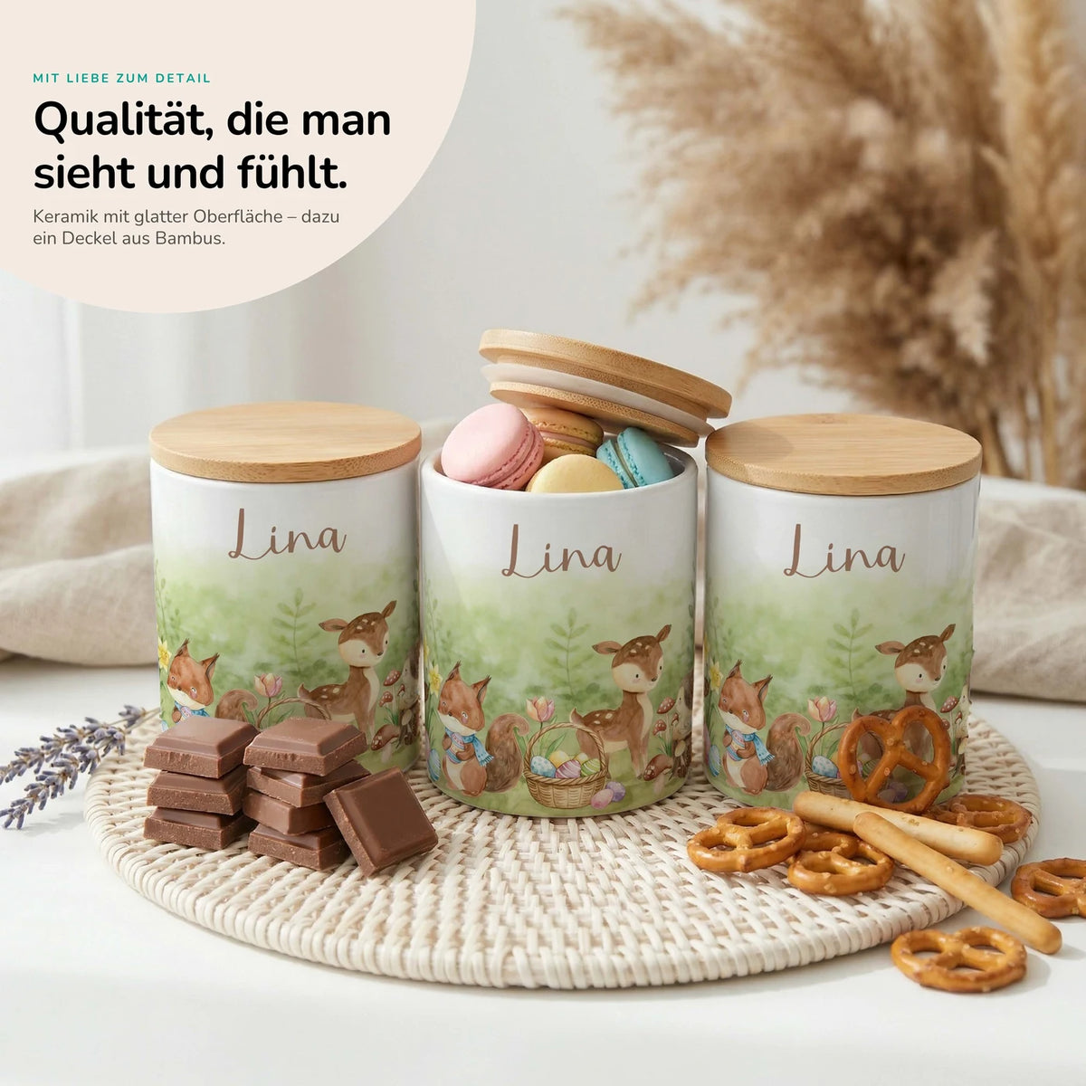 Personalisierte Keksdose Ostern Reh & Fuchs – Keramik & Bambus mit Wunschname
