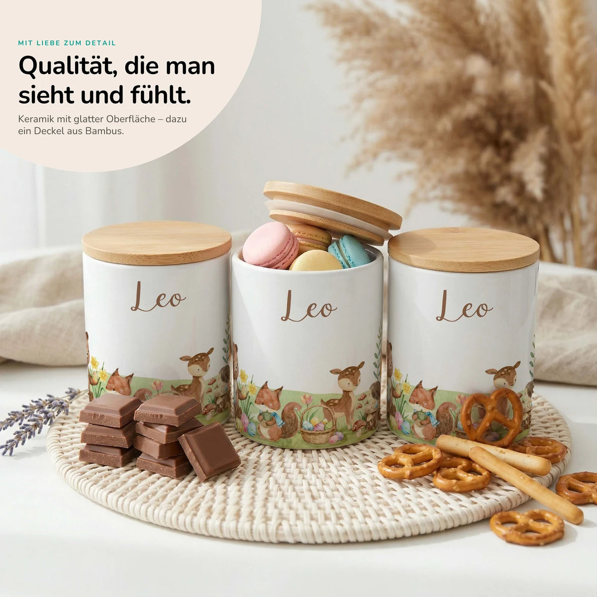 Personalisierte Keksdose Ostern Frühlingswiese – Keramik & Bambus mit Wunschname