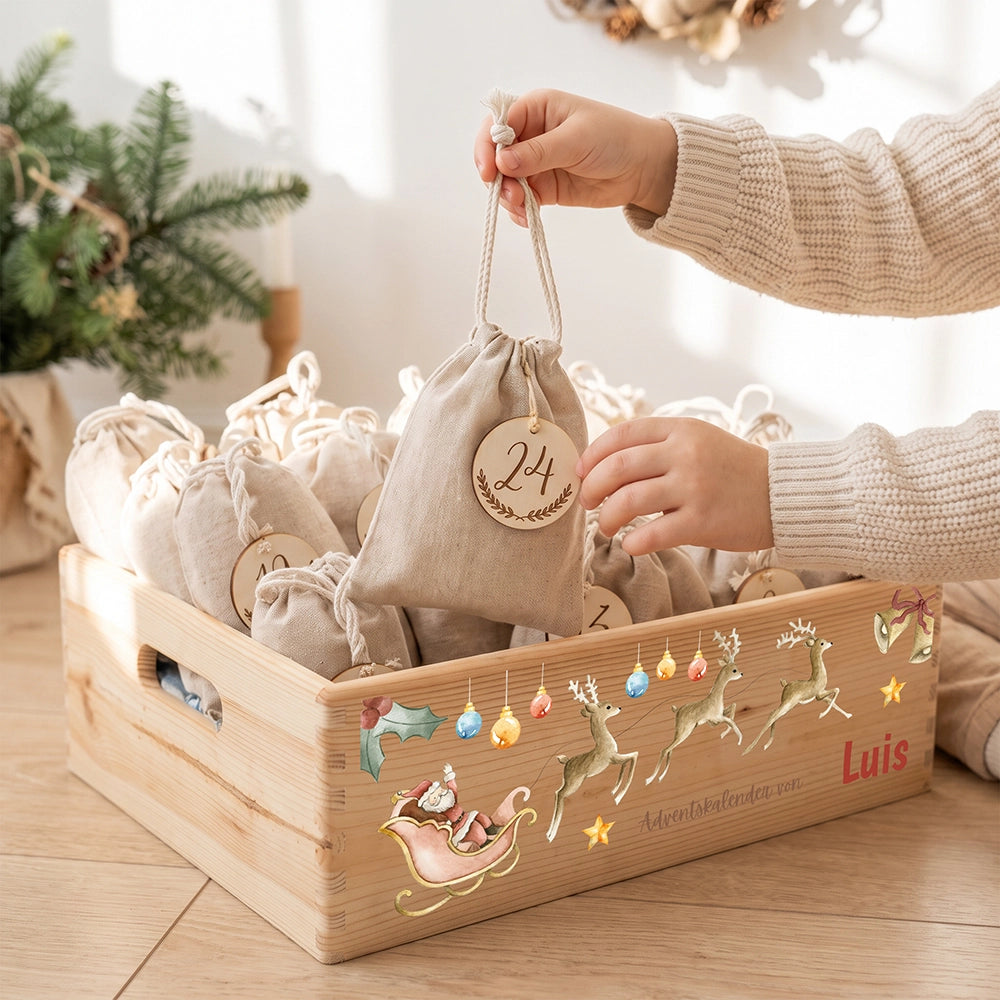 Personalisierter Adventskalender zum Befüllen - Rentier mit Schlitten