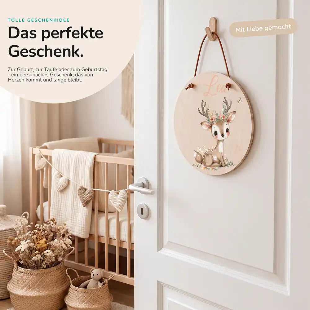 Türschild Kinderzimmer Rehkitz mit Blumenkrone, als persönliches Geschenk zur Geburt