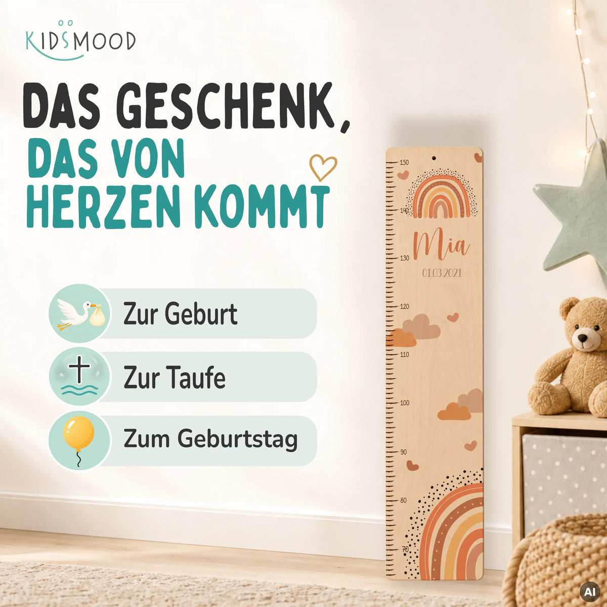 Messlatte Kinder Holz & Aluverbund - Regenbogen & Wolken