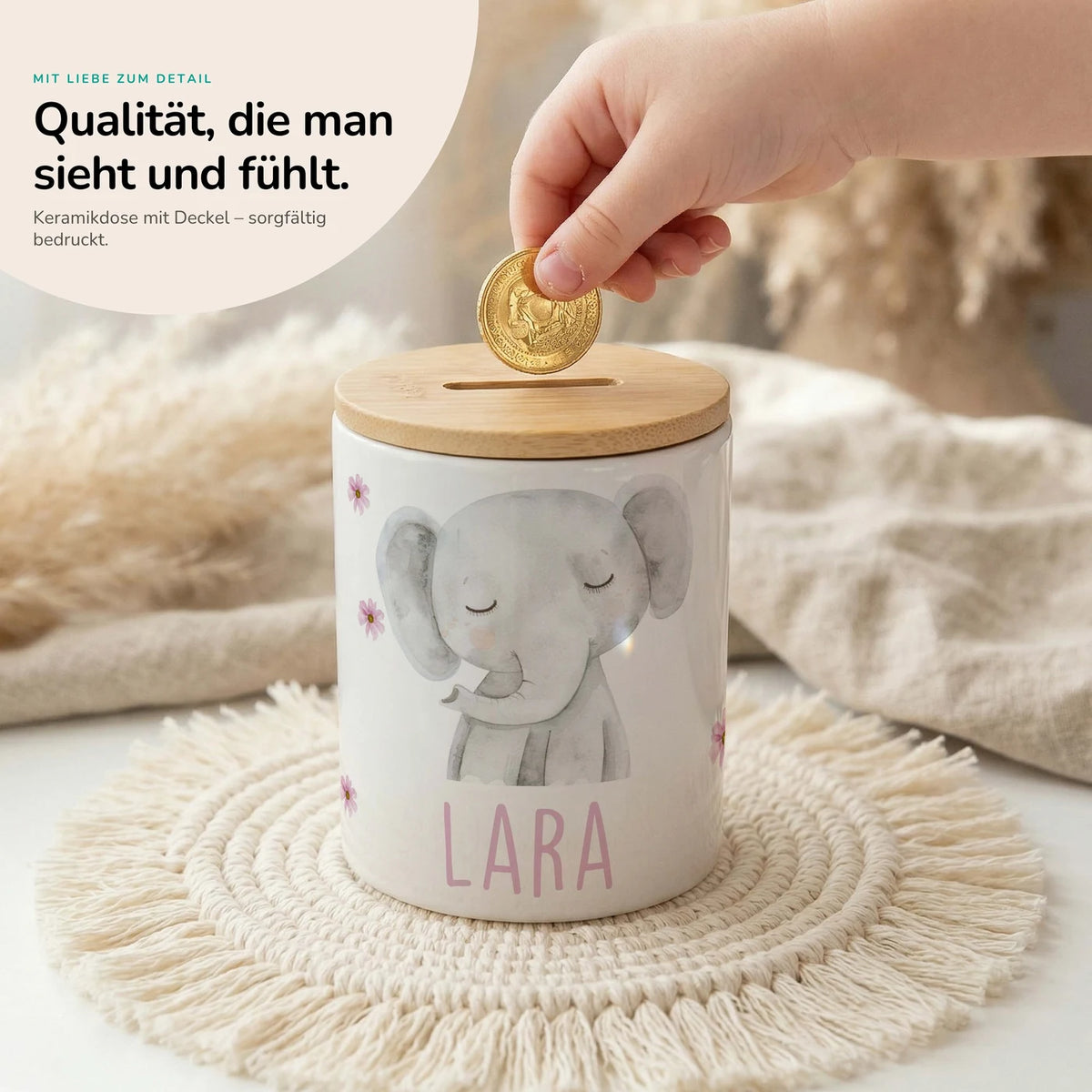 Personalisierte Spardose Elefant Blumen â Keramik & Bambus mit Wunschname