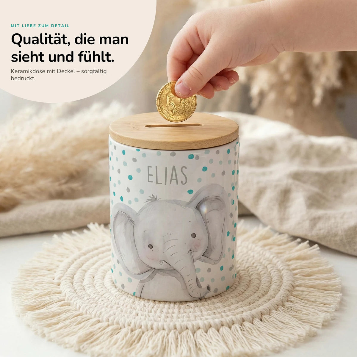 Personalisierte Spardose Elefant Konfetti – Keramik & Bambus mit Wunschname