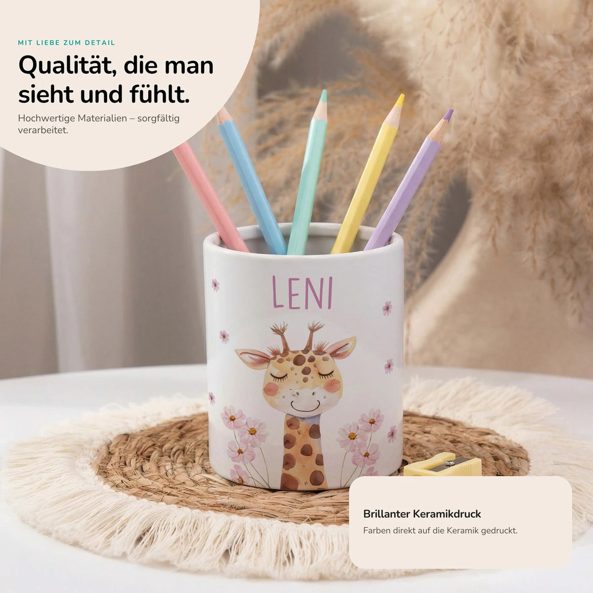 Personalisierter Stiftehalter Giraffe Blumen â Keramik mit Wunschname