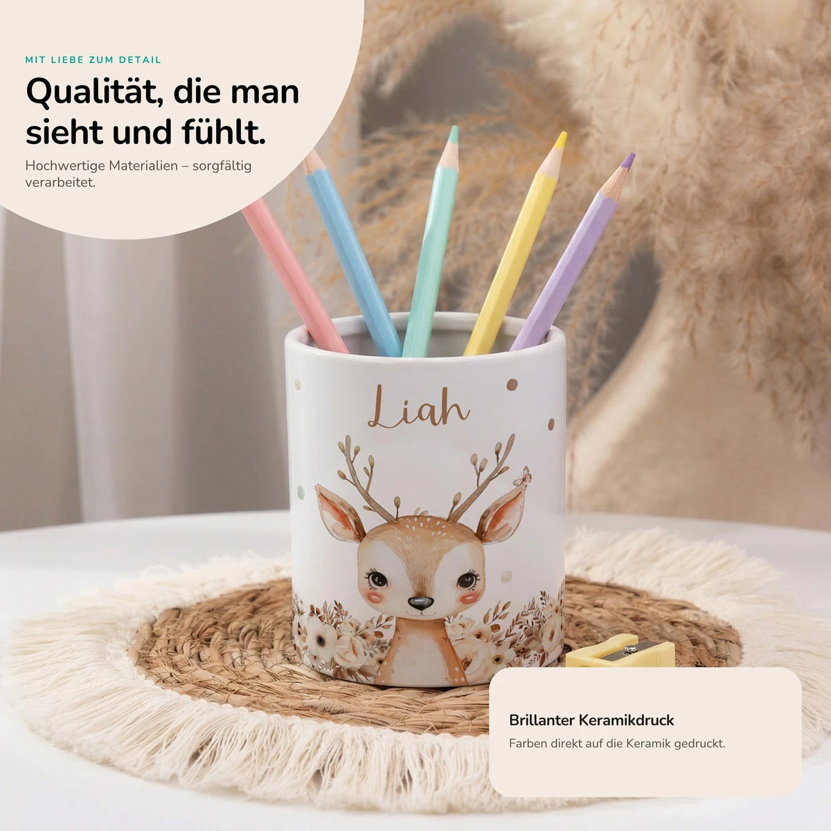 Personalisierter Stiftehalter Rehkitz Zweige â Keramik mit Wunschname