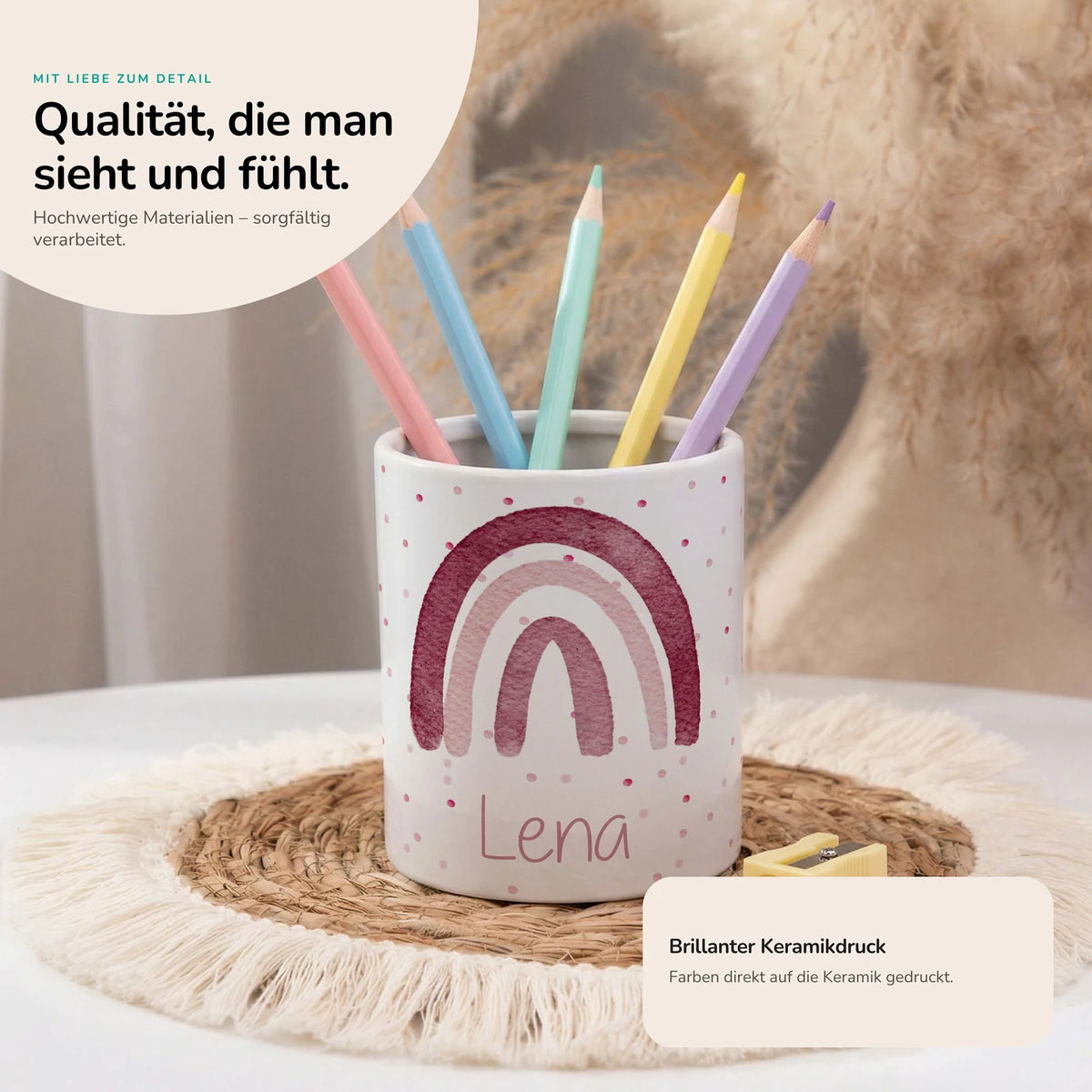 Personalisierter Stiftehalter Regenbogen Rosa â Keramik mit Wunschname