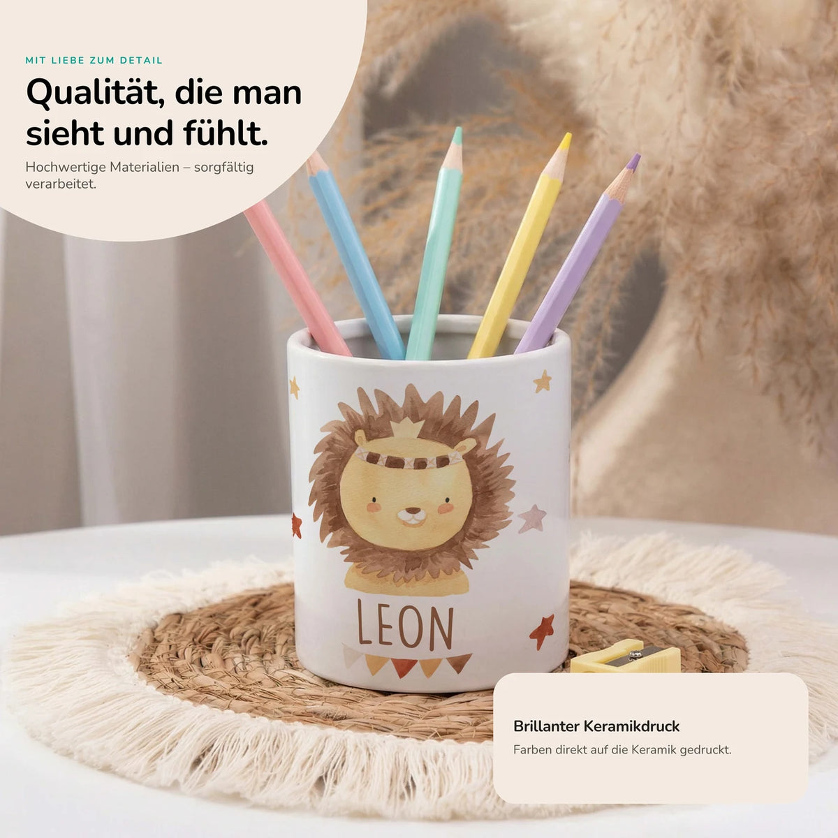 Personalisierter Stiftehalter Löwe Boho â Keramik mit Wunschname