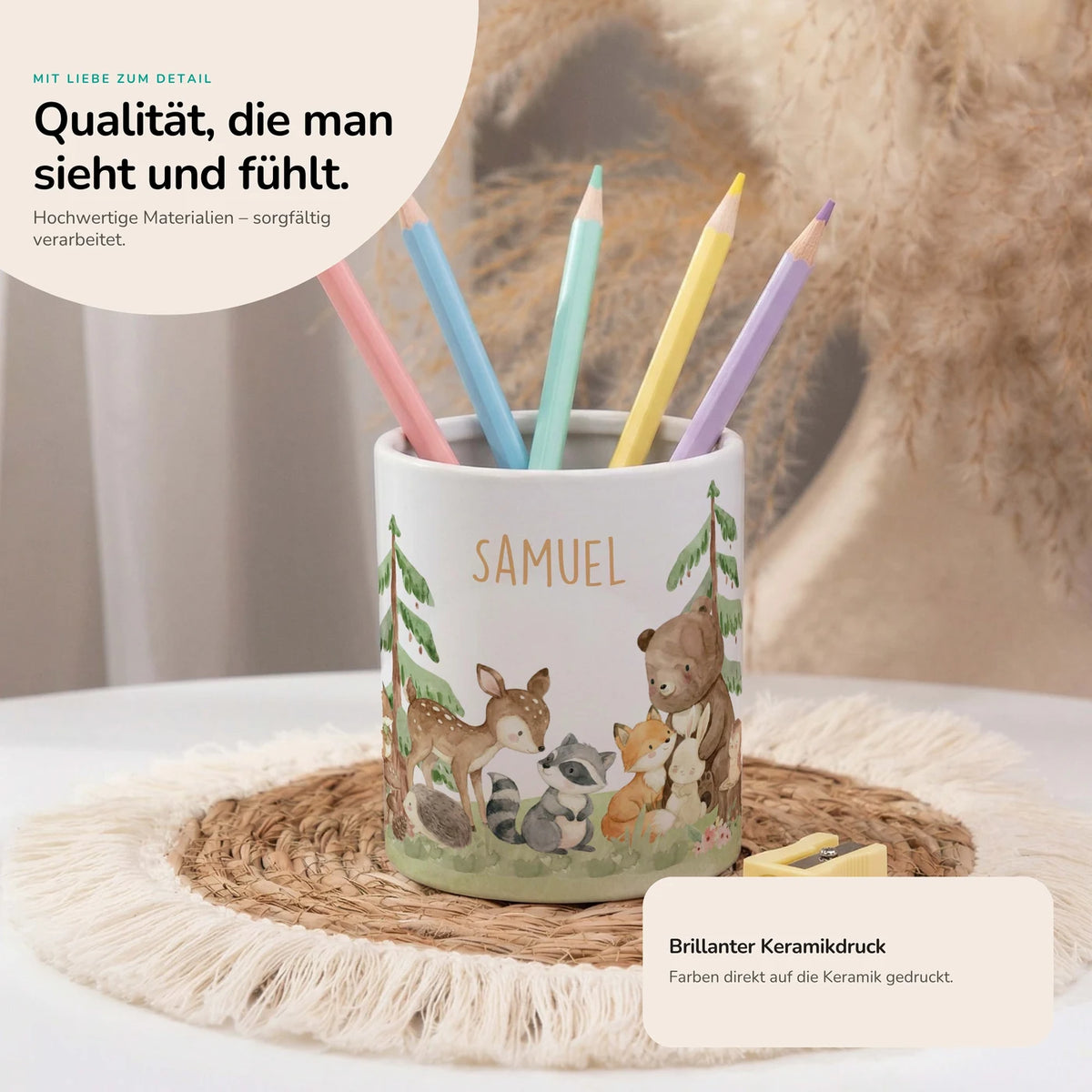 Personalisierter Stiftehalter Waldfreunde III – Keramik mit Wunschname