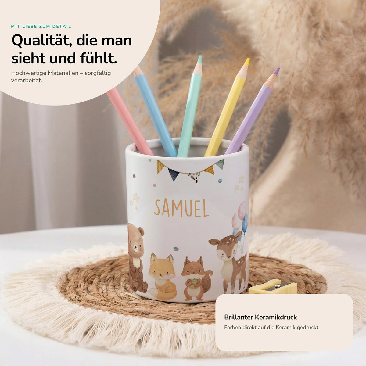 Personalisierter Stiftehalter Waldtiere Party â Keramik mit Wunschname