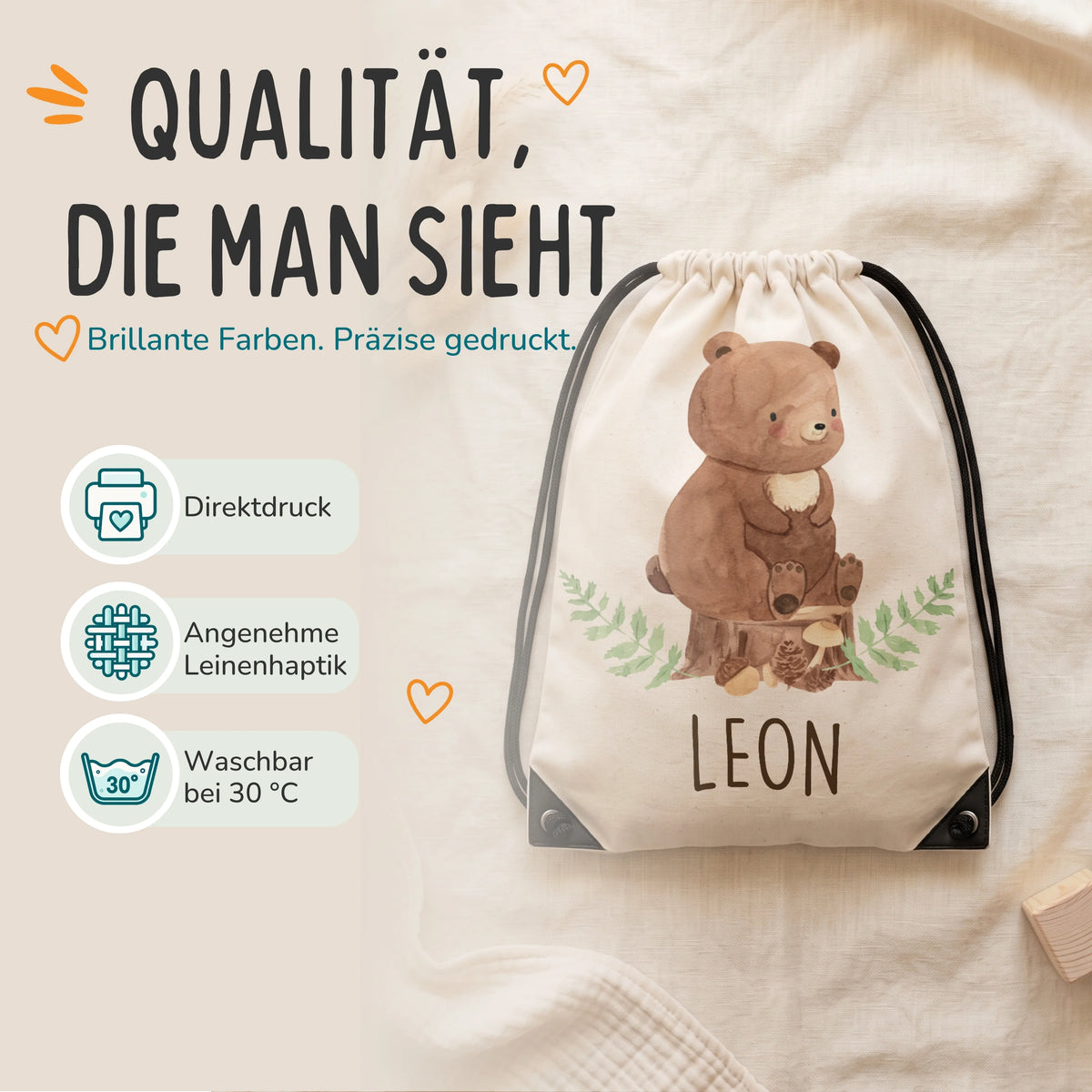 Personalisierter Turnbeutel BÀr, Direktdruck auf Polyester mit Leinenhaptik, waschbar bei 30 °C