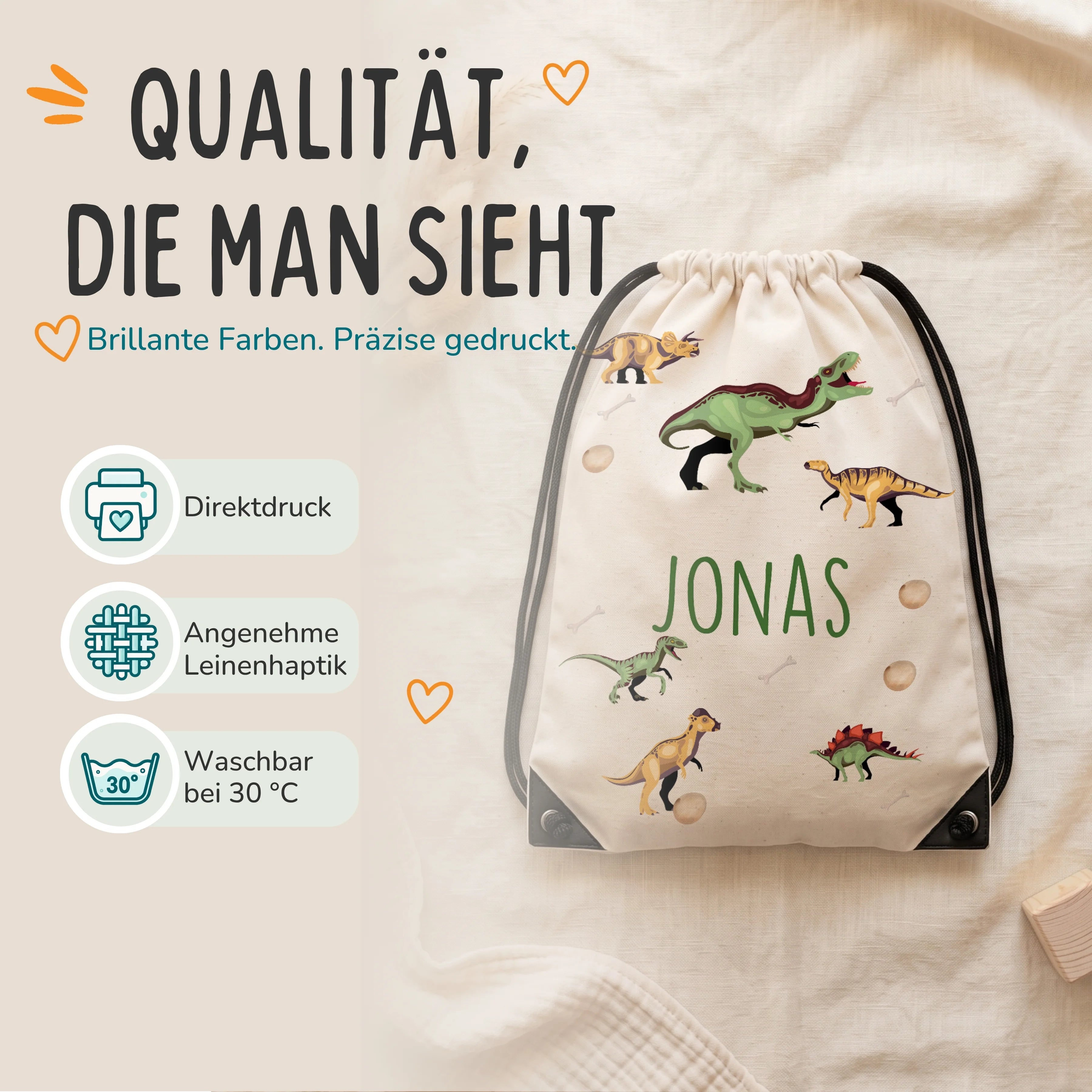 Personalisierter Turnbeutel Dinos, Direktdruck auf Polyester mit Leinenhaptik, waschbar bei 30 °C