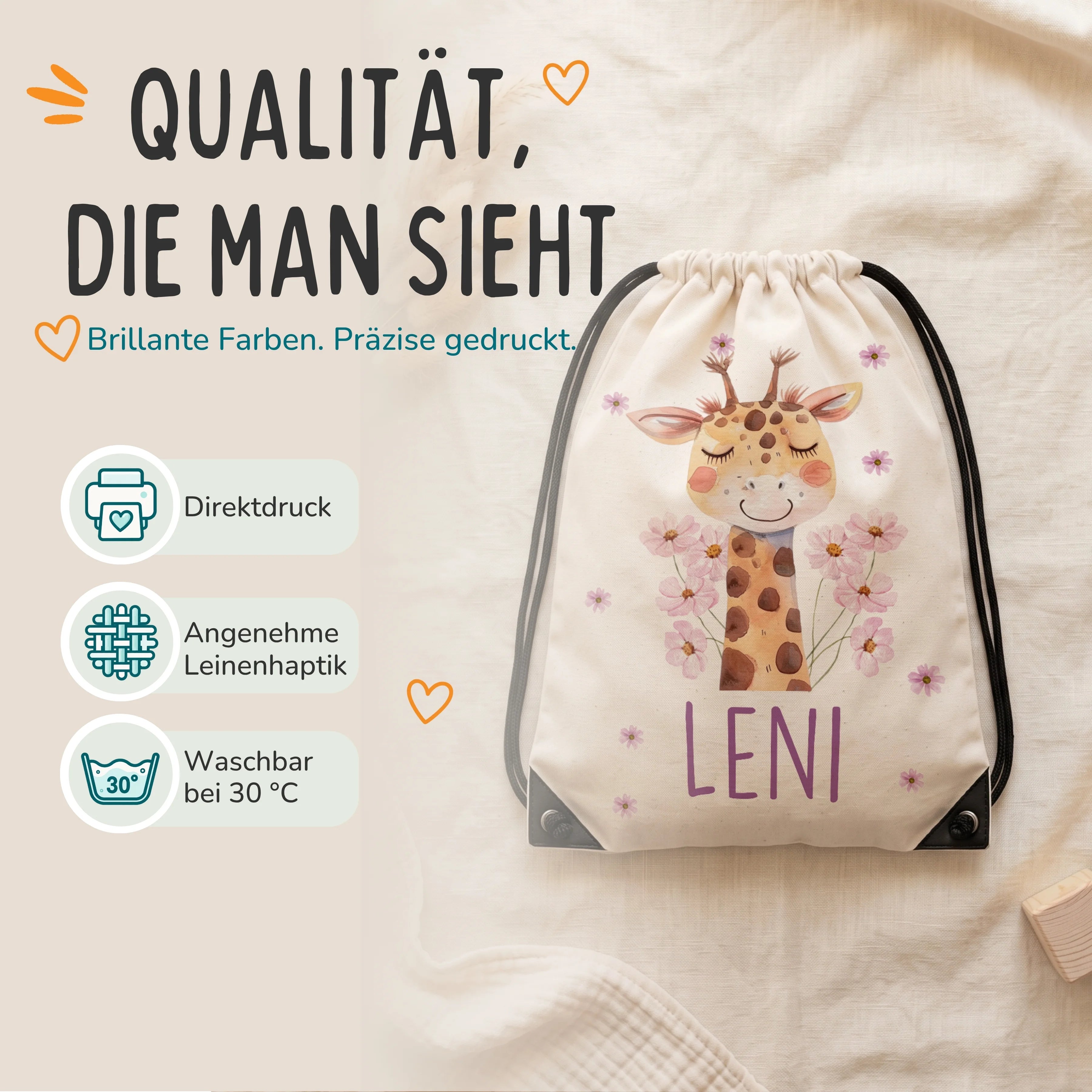 Personalisierter Turnbeutel Giraffe, Direktdruck auf Polyester mit Leinenhaptik, waschbar bei 30 °C