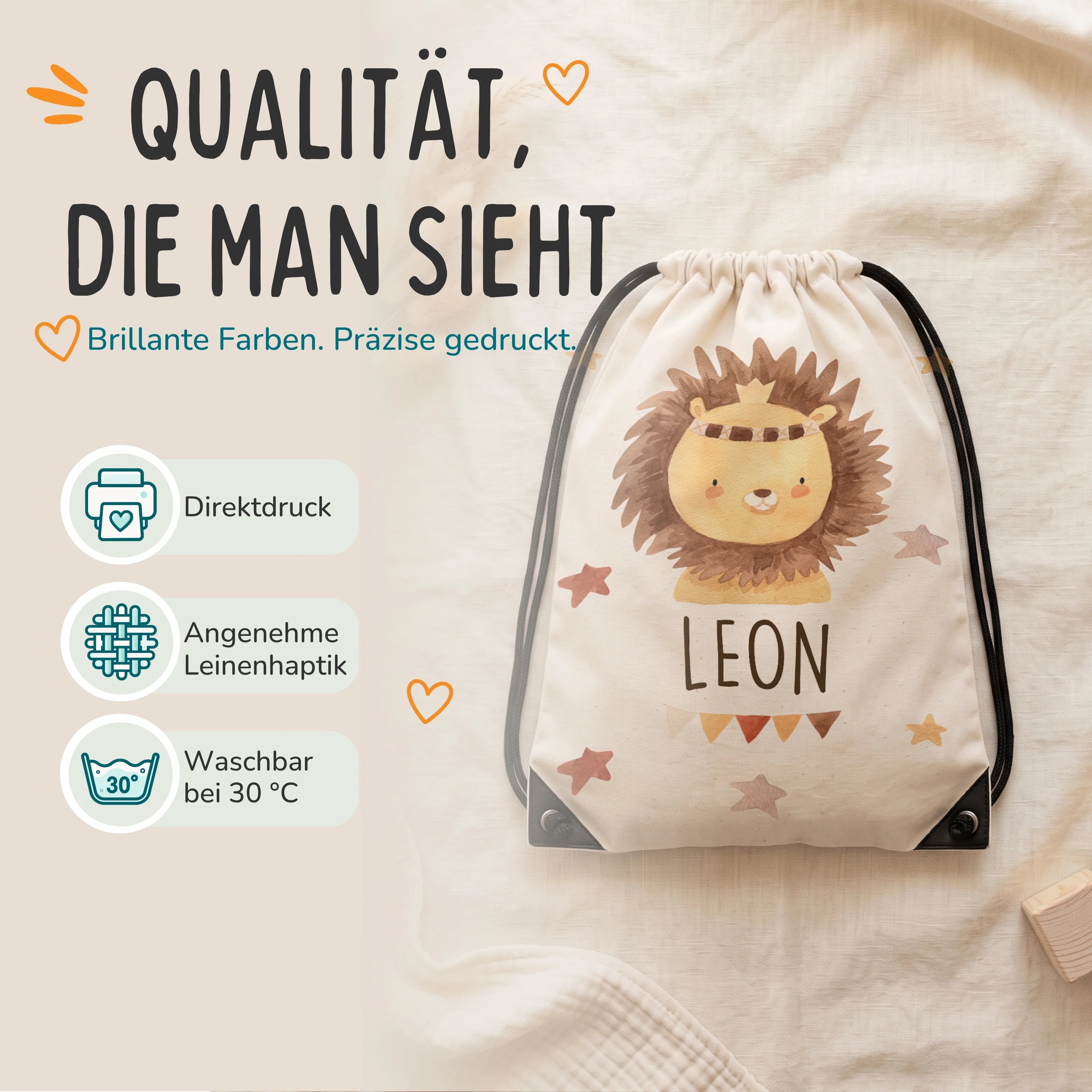 Personalisierter Turnbeutel Löwe mit Kranz, Direktdruck auf Polyester mit Leinenhaptik, waschbar bei 30 °C