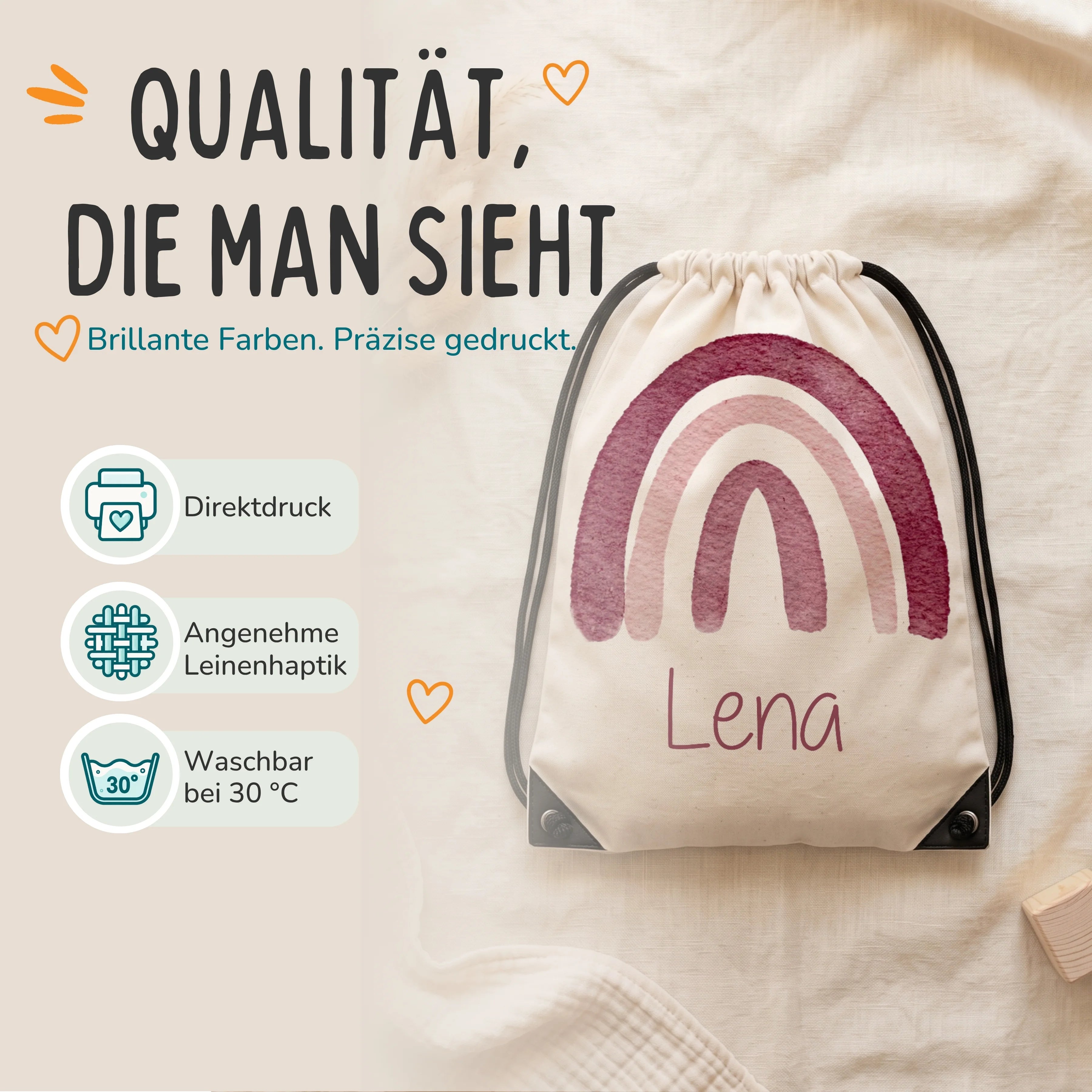 Personalisierter Turnbeutel Regenbogen, Direktdruck auf Polyester mit Leinenhaptik, waschbar bei 30 °C