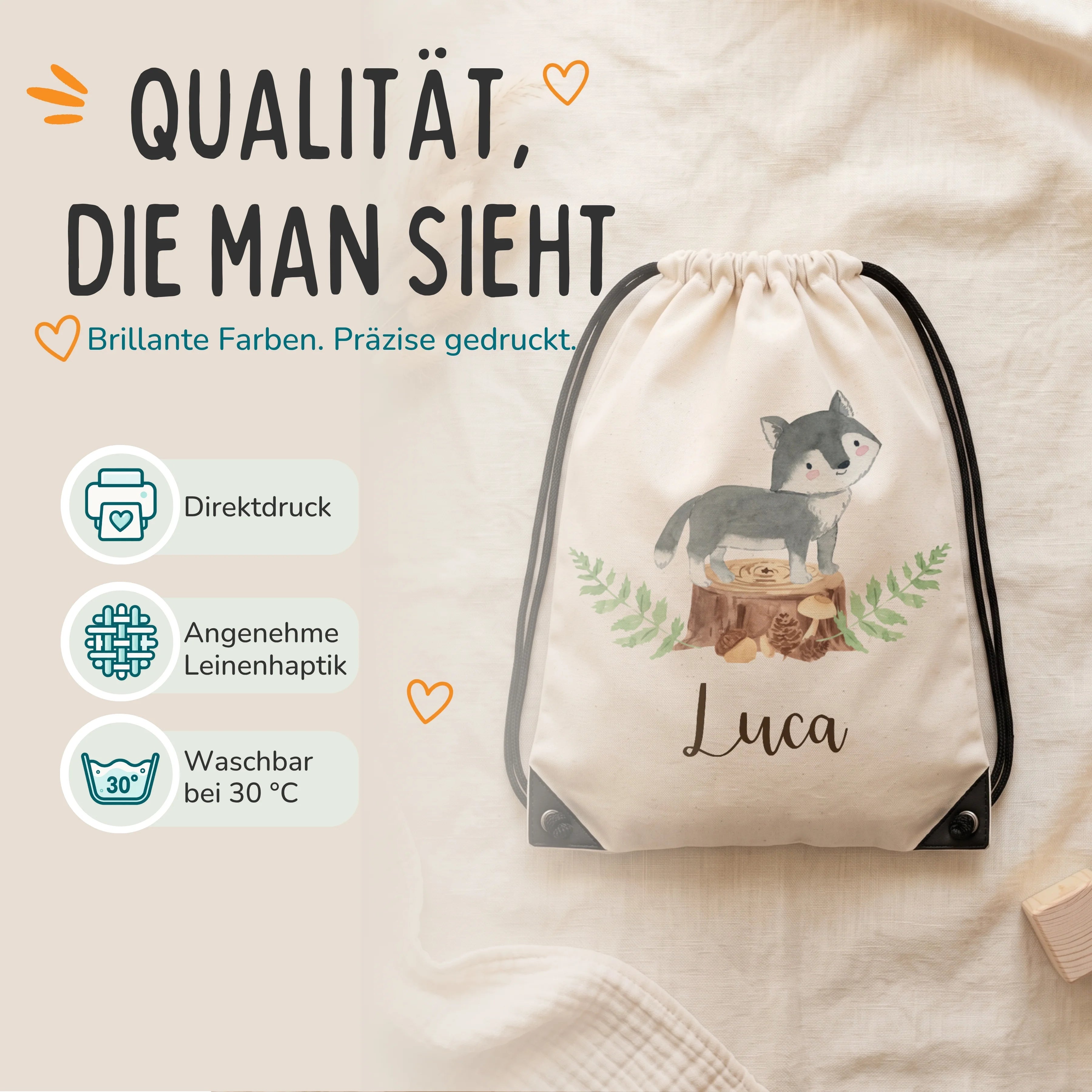 Personalisierter Turnbeutel Wolf, Direktdruck auf Polyester mit Leinenhaptik, waschbar bei 30 °C