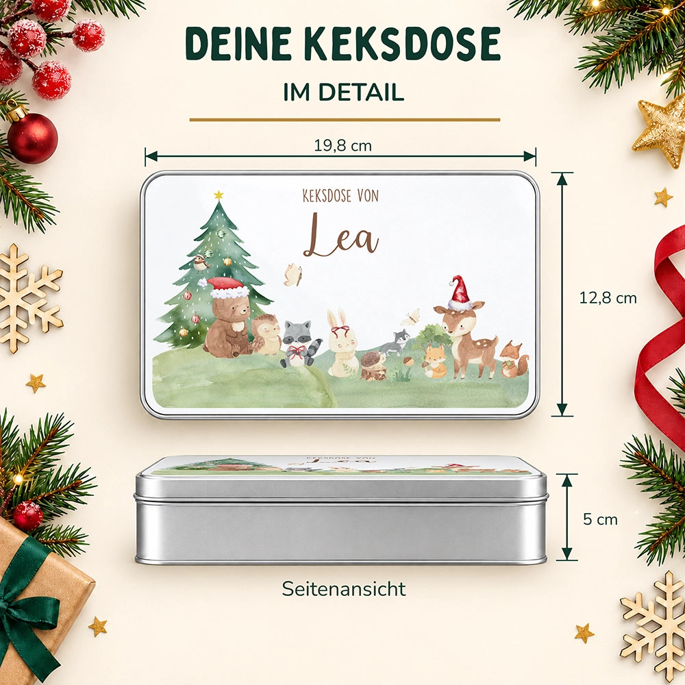 Keksdose aus Metall personalisiert - Kleine Waldbewohner im Weihnachtsglanz