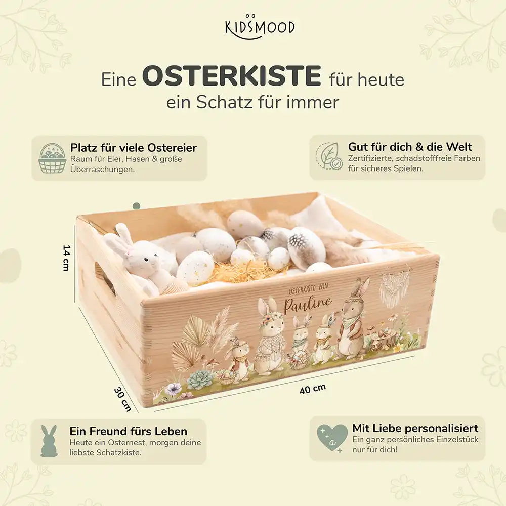Osterkiste Holz personalisiert - glückliche Hasen