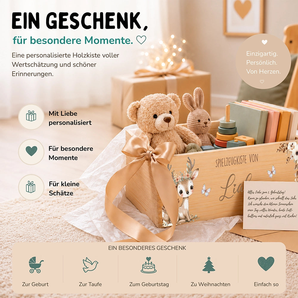 Spielzeugkiste personalisiert mit Namen - Baby Reh