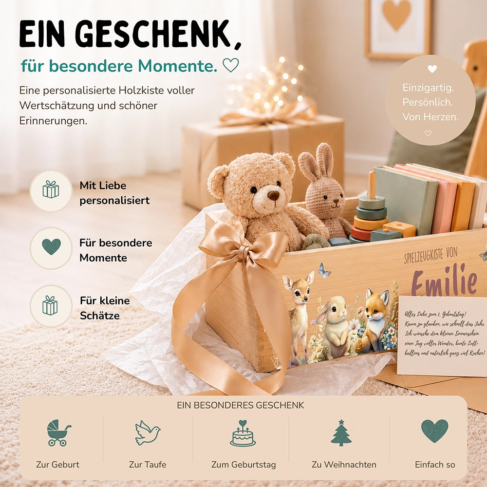 Spielzeugkiste personalisiert mit Namen - Fuchs, Hase und Reh