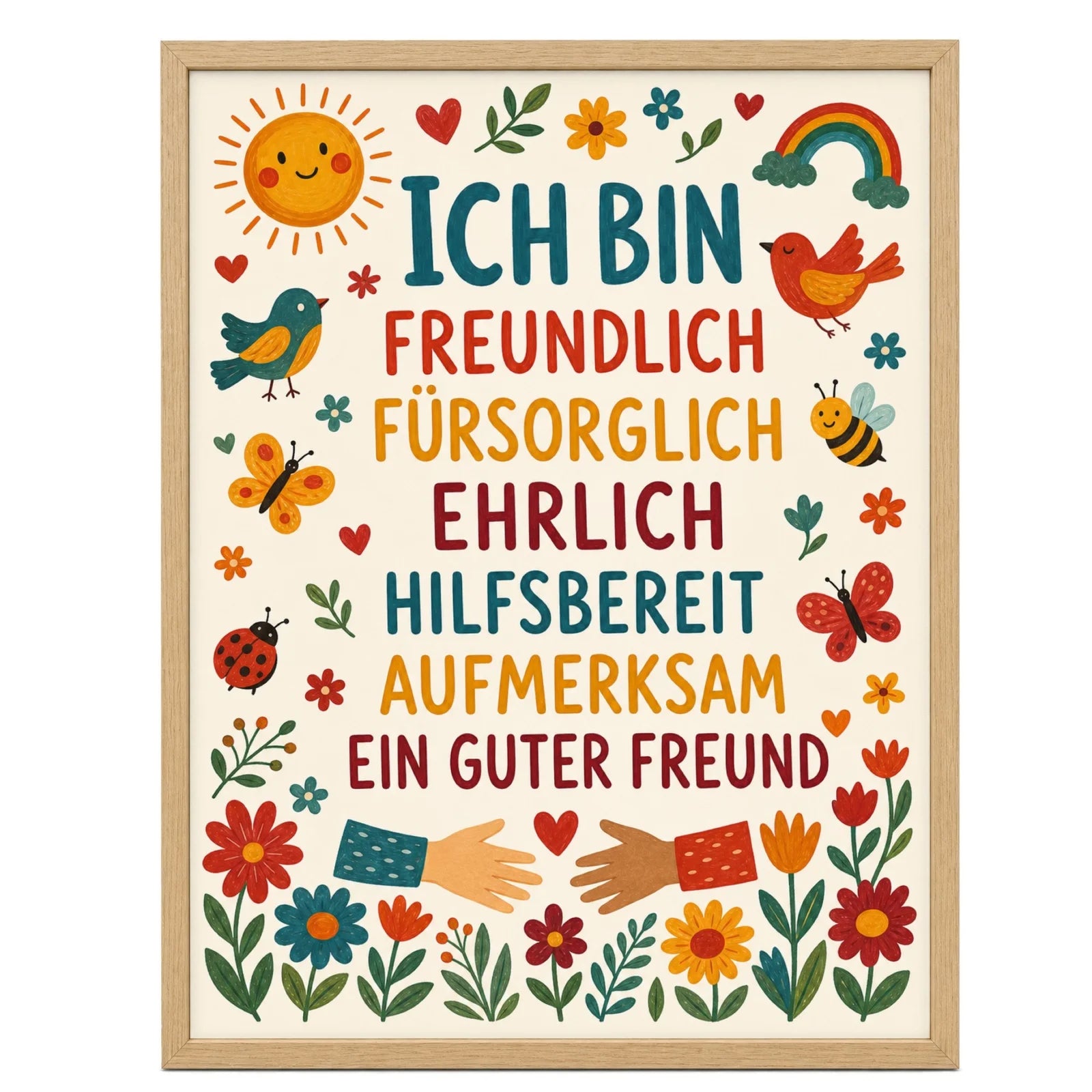 Affirmationsposter Kinderzimmer Blumen Ich bin freundlich, im Mädchenzimmer