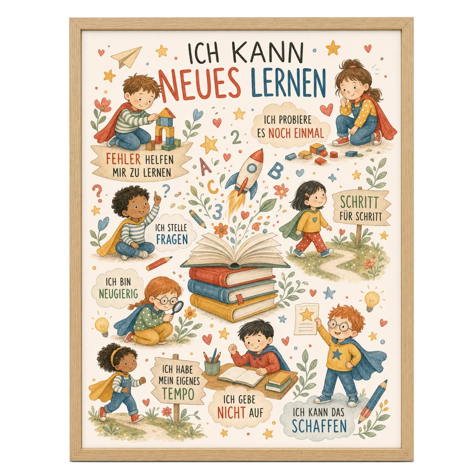 Affirmationsposter Kinderzimmer Wimmelbild Neues lernen, im MĂ€dchenzimmer