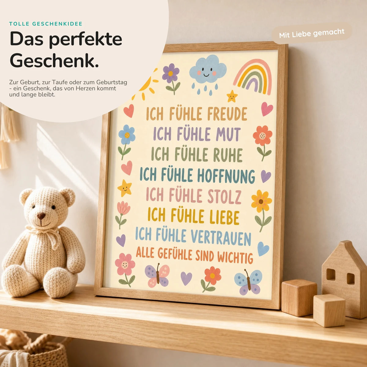 Affirmationsposter âBlumenwiese GefĂŒhleâ mit Teddy â Geschenk zur Geburt oder Taufe