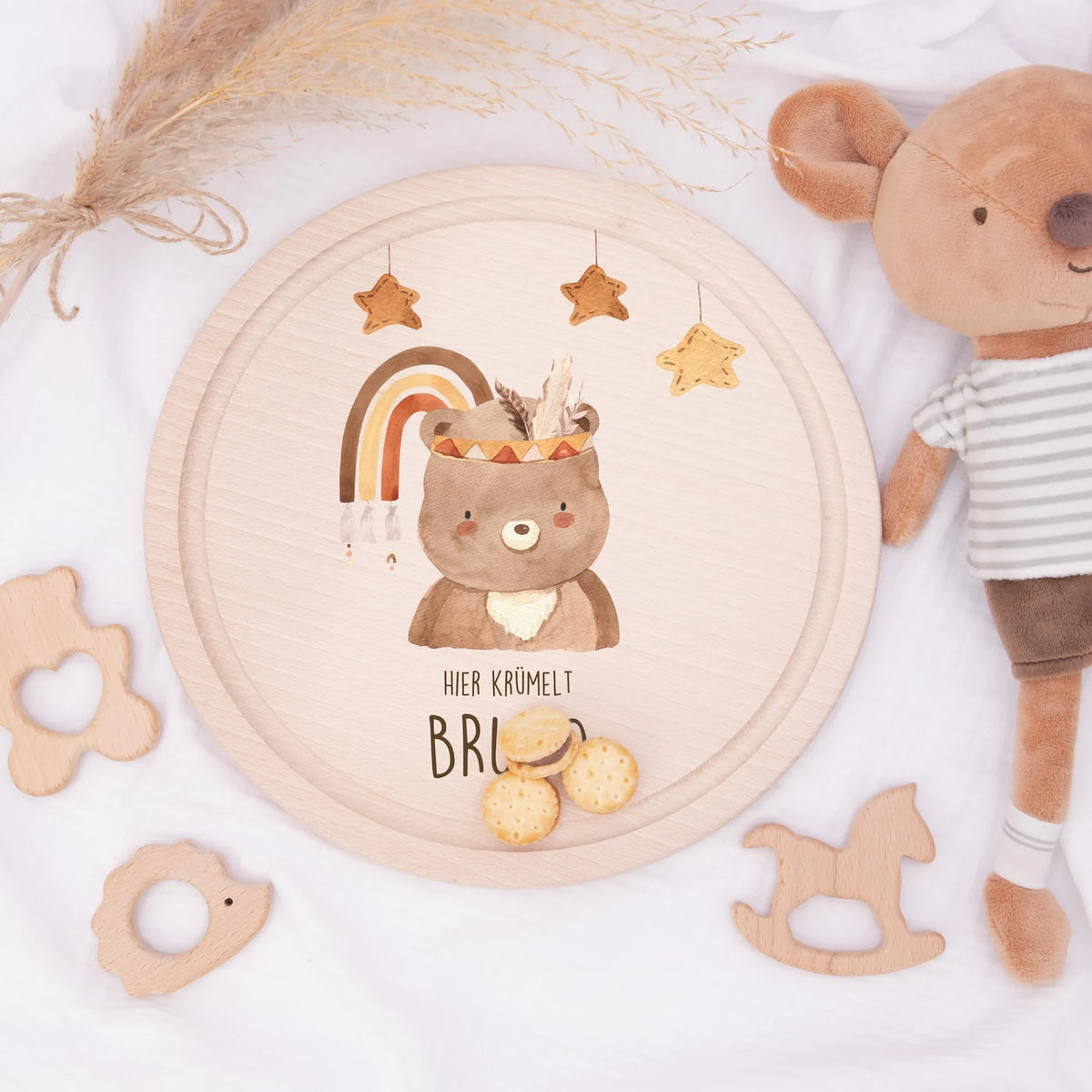 Rundes personalisiertes Frühstücksbrettchen Boho Bär mit Namen für Kinder