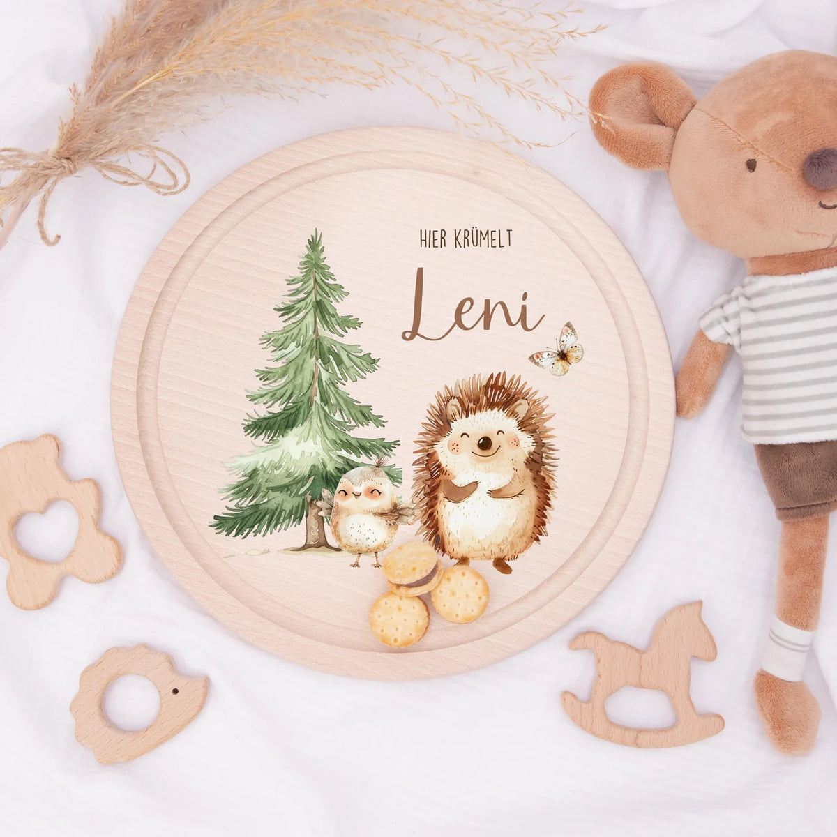 Rundes personalisiertes Frühstücksbrettchen Igel mit Namen für Kinder