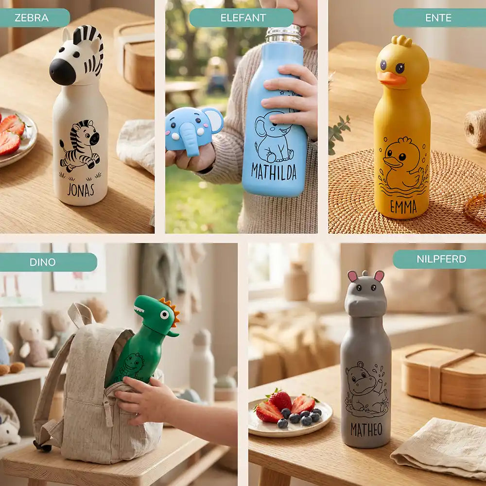 Personalisierte Trinkflasche Kinder Dino, fünf Tiermotive zur Auswahl