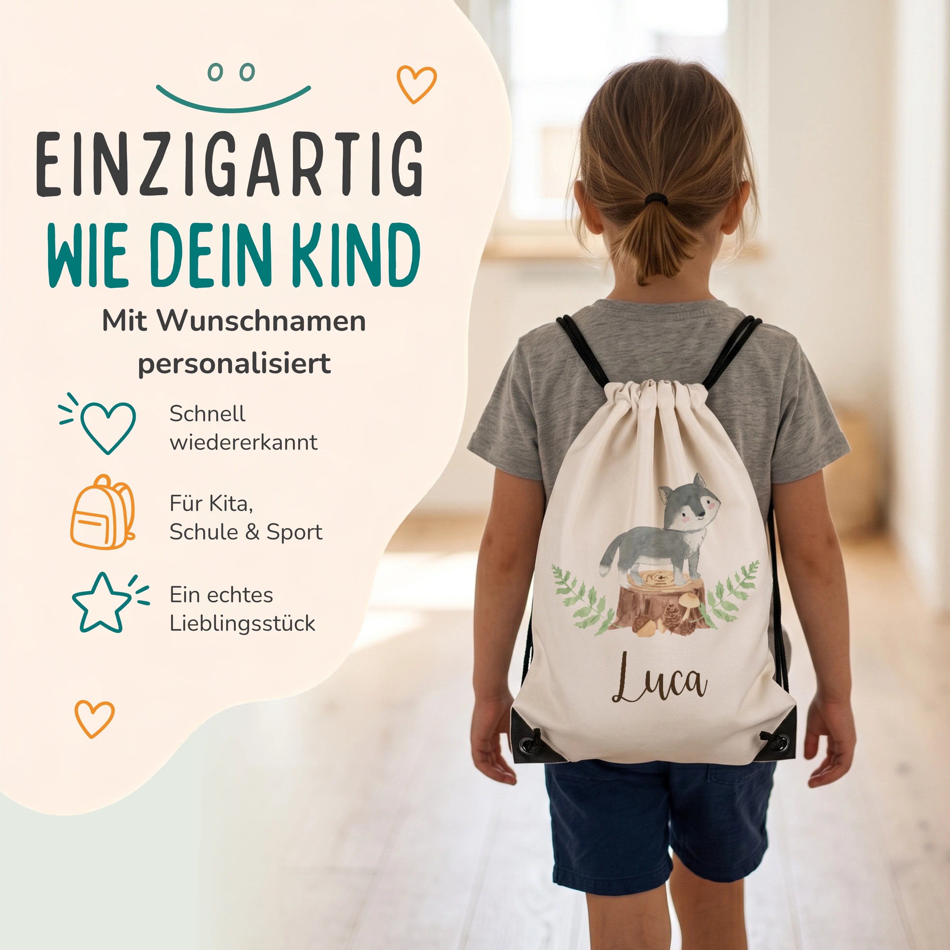 Personalisierter Turnbeutel Wolf, Kind trägt den Beutel auf dem Rücken