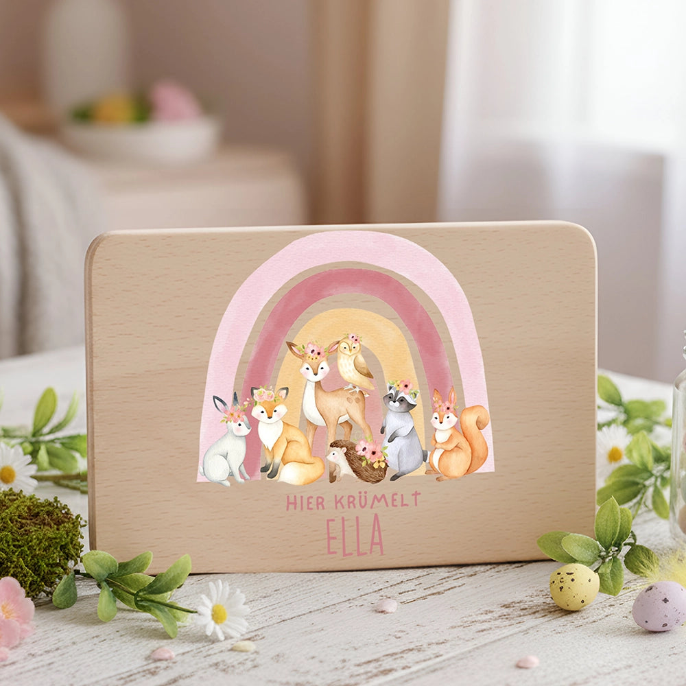 Frühstücksbrettchen Holz personalisiert - Regenbogen Waldtiere