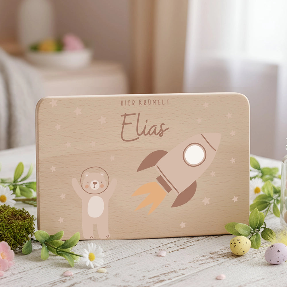 Frühstücksbrettchen Holz personalisiert - Bär Astronaut