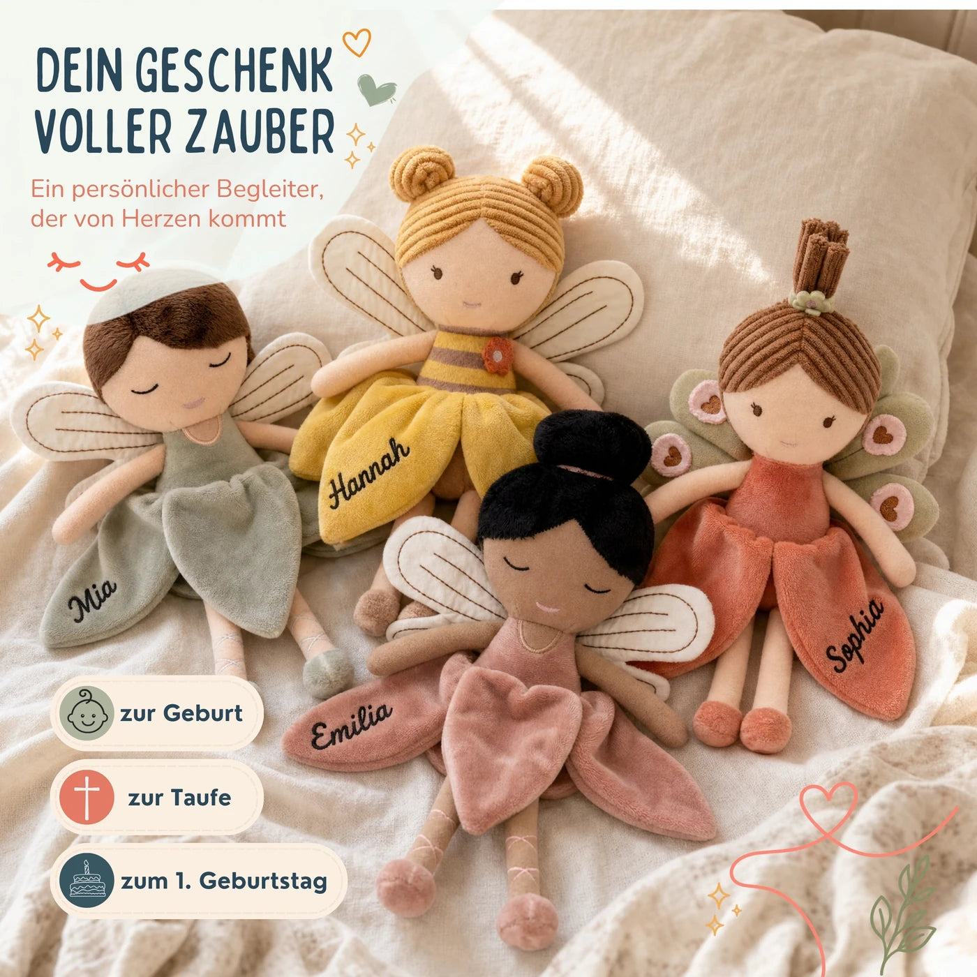Jollein Stoffpuppe Fee Honig, Geschenk zur Geburt, zur Taufe und zum 1. Geburtstag