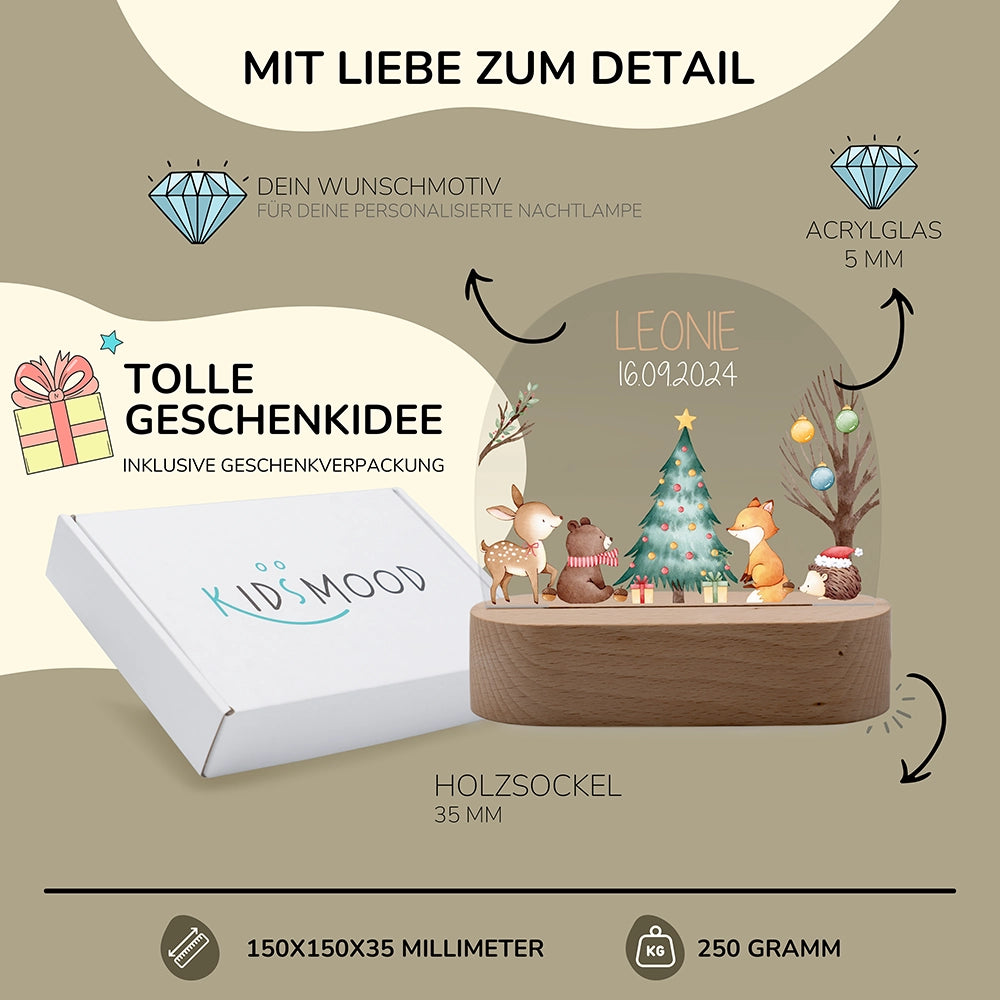Nachtlicht Fuchs personalisiert – 150 × 150 × 35 mm, 5 mm Acrylglas, Holzsockel, mit Geschenkverpackung
