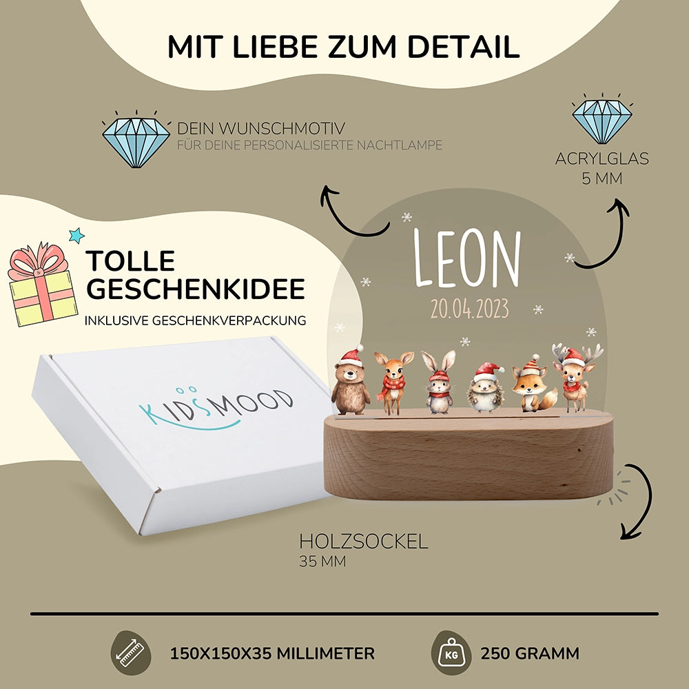Nachtlicht Weihnachten personalisiert – 150 × 150 × 35 mm, 5 mm Acrylglas, Holzsockel, mit Geschenkverpackung