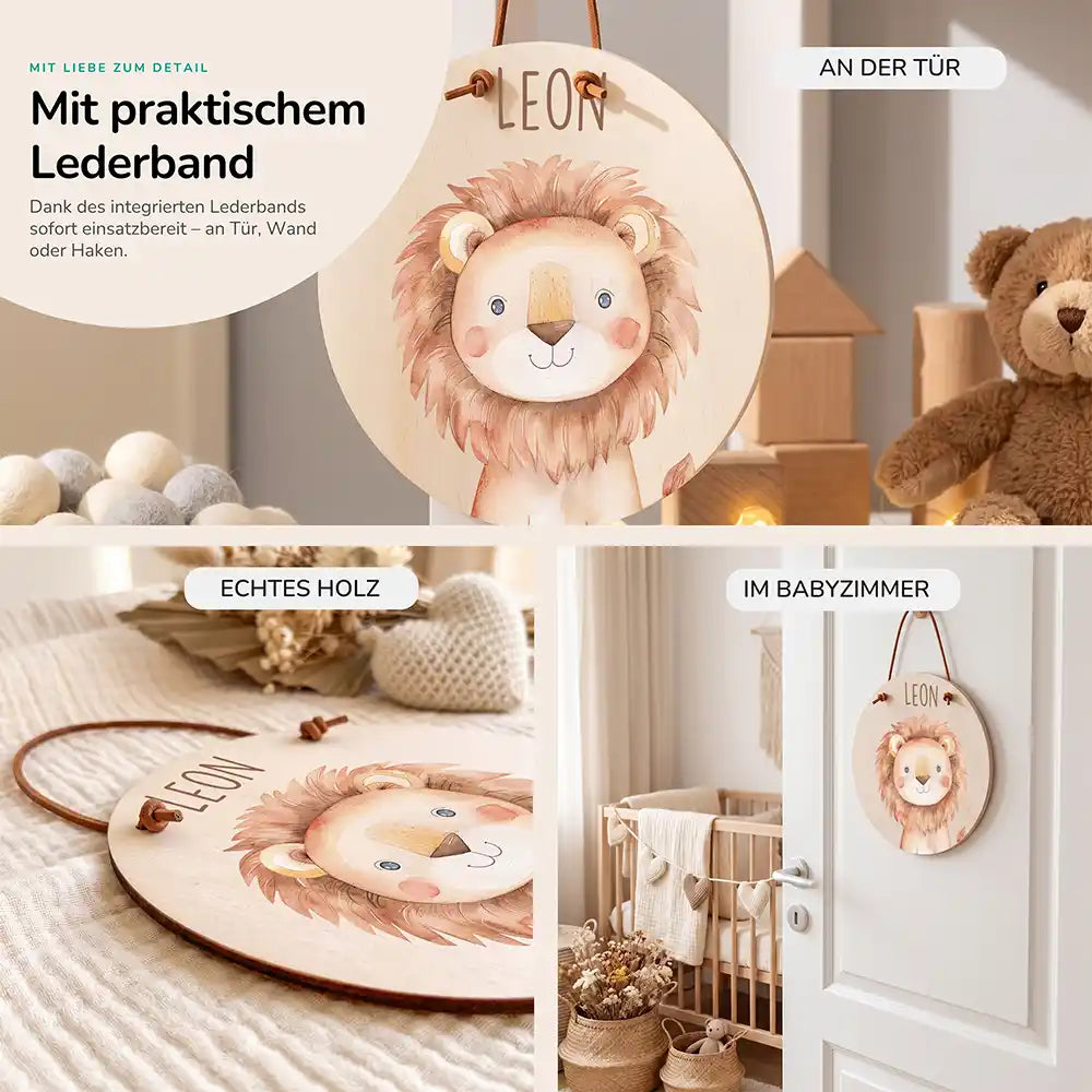 Türschild Kinderzimmer Löwe, im Größenvergleich, Ø 14 cm und Ø 20 cm